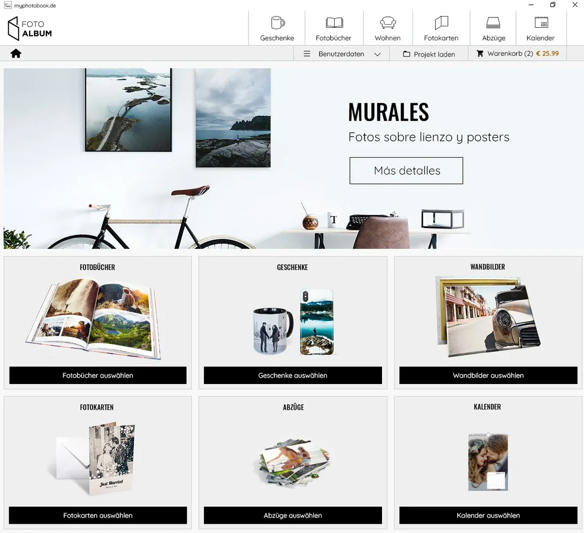 Selección de productos fotográficos en el software