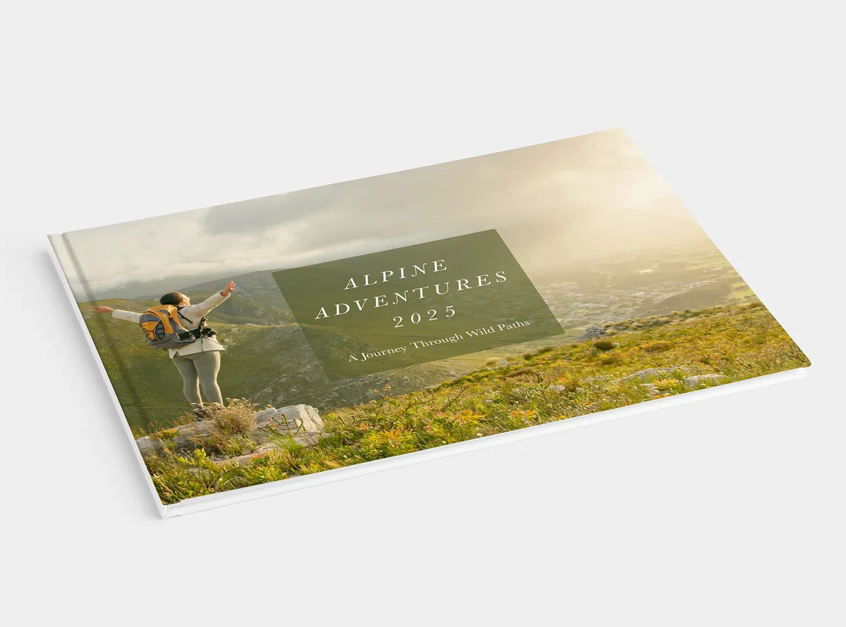 Fotobuch Hardcover A3 quer mit dem Foto einer Frau in Wandersachen in den Alpen auf dem Cover