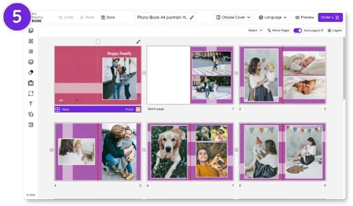 El álbum de fotos se revisa en el editor en línea antes de realizar el pedido